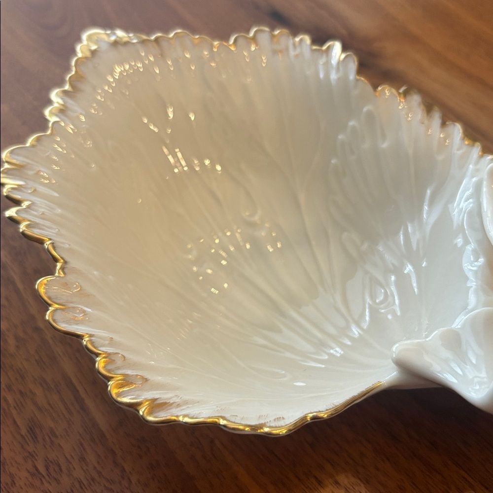Lenox Double Leaf Leaves Cream Gold Candy Trinket Catch All Dish Made in USA - Picture 6 of 9